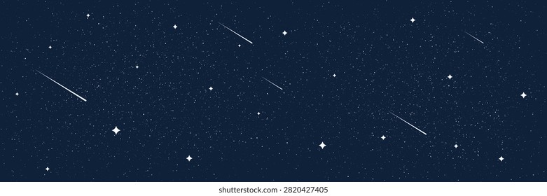 Starry night sky background with shining stars and shooting meteors. Cosmic galaxy wallpaper for astronomy, space, fantasy or science theme. Milky Way texture. Vector Illustration.