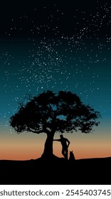 Starry night sky background with silhouette of a tree and a man with his dog