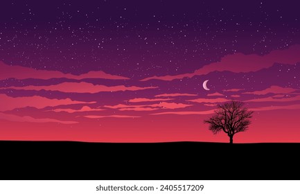 Starry night sky background with tree silhouette and moon