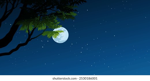Starry night Sky background with tree branch and full moon