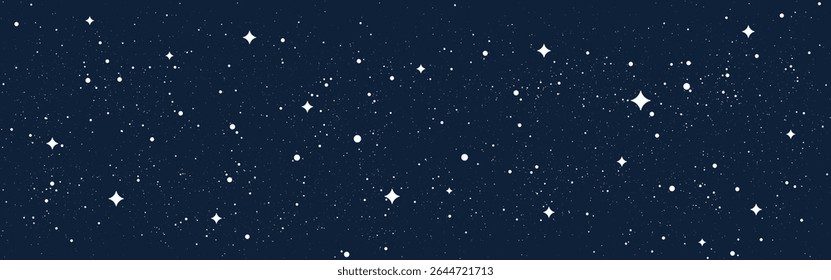 Fundo do céu estrelado à noite com estrelas brancas em azul profundo. Elegante cena espacial para a ciência, astronomia ou papel de parede cósmico. Constelações cósmicas. Estilo de desenho animado limpo. Ilustração de vetor.