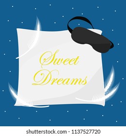 Starry night sky with big pillow, feathers and sleep mask on it. Vector illustration