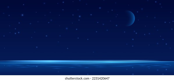 Starry night sky, blue moon and water. Shine evening vector background with stars lights. Decorative graphic landscape, shining glowing lake