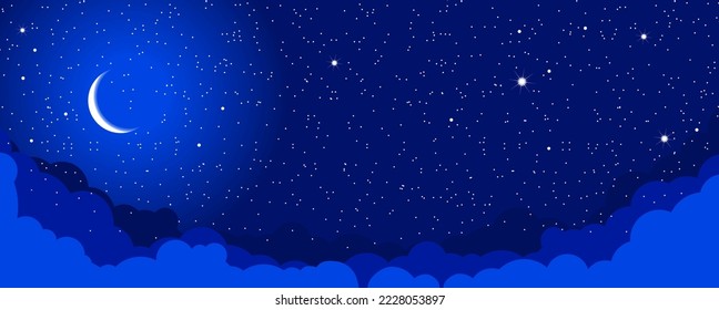 Starry night sky with clouds and crescent. Vector fantasy background
