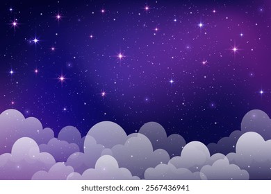 Starry night sky with clouds. Vector cute magic space background. Dreamy illustration of cosmos. Cartoon fantasy blue and purple universe scene. Fantasy landscape