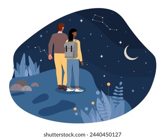 Starry night sky concept. Man and woman at romantic meeting and date. Young guy and girl in love looking at stars. Romance and passion. Cartoon flat vector illustration isolated on white background