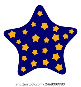 Starry night sky contained within larger star shape. Dark blue star filled with smaller yellow stars creating a pattern. Hand drawn trendy flat style isolated on white. Vector illustration