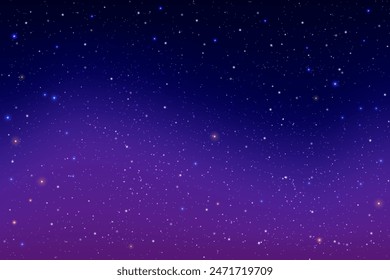 Starry night sky. Dark blue vector space. Black and purple galaxy with cosmic light of planets. Shiny astrology constellations with sparkles. Winter fantasy gradient backdrop. Milky way wallpaper