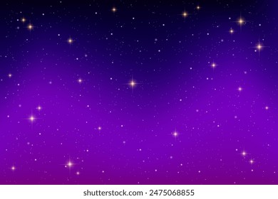 Starry night sky. Dark blue vector space. Black and purple galaxy with cosmic light of planets. Shiny astrology constellations with sparkles. Winter fantasy gradient backdrop. Milky way wallpaper