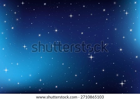 Starry night sky. Dark blue space. Vector magic universe illustration. Abstract winter gradient with sparkles. Bright cosmic wallpaper with glitter. Outer space realistic backdrop