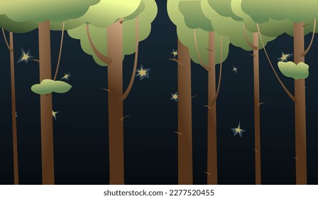 Cielo estrellado en el borde del bosque. El verde paisaje veraniego con plantas. Estilo divertido de caricatura. Diseño plano. Vector