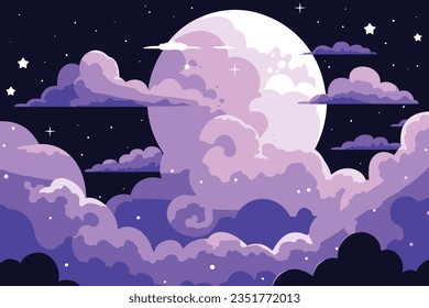Starry night sky with full moon and clouds