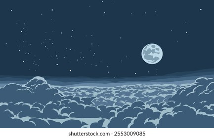 Starry night sky with full moon and clouds