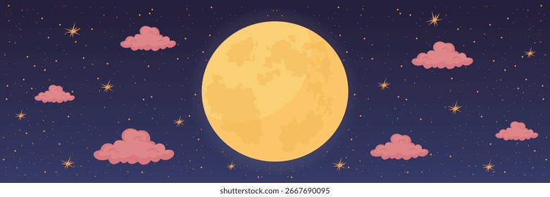 Starry night sky with full moon and clouds vector illustration.