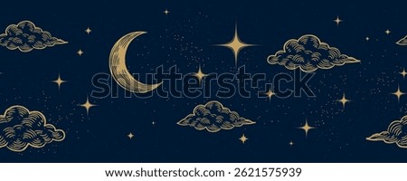 Starry night sky horizontal seamless pattern background. Bright golden moon, stars and clouds wallpaper. Horizontal Space backdrop. Dark Sky with shiny stars. Vector Illustration.