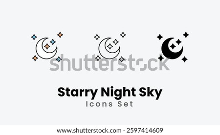 Starry Night Sky Icons thin line and glyph vector icon stock illustration