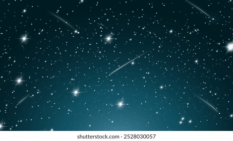 Ilustración de cielo nocturno estrellado con estrellas brillantes y meteoros en rayas. Ideal para diseños cósmicos, de naturaleza y de temática nocturna, creando una atmósfera tranquila y de ensueño.