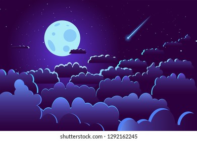 Starry night sky with moon and clouds illustration vector. Full moon above the clouds among stars with shooting star. Flat style