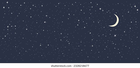 Starry night sky with moon. Dark monochromatic background with small stars and constellations. Simple objects without effect.Starry night sky with moon. Vector illustration. 