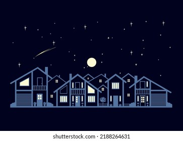 Starry night sky, moon and silhouette of a city with two-story houses. Vector illustration in a flat style.