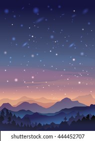 Starry Night Sky Mountain Landscape. Mountaineering And Traveling Vector Illustration.Vacation And Outdoor Recreation Concept. 