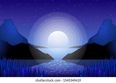 Starry night sky with mountain and moonlight landscape