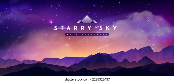 Starry night sky  mountains landscape  magic fields  Dark moon  backdrop and star galaxy  sparkle universe  Realistic clouds   glowing stars  Banner template  Vector exact background