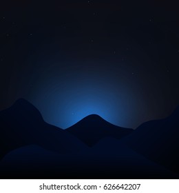 Starry night sky with mountains landscape. Dark background vector. Nature illustration.