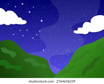 Starry night sky over green mountains landscape with white clouds, beautiful flat vector illustration of milky way galaxy and constellations.