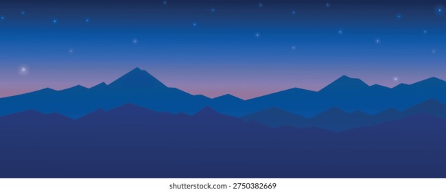  Starry Night Sky Over Layered Blue Mountain Silhouettes at Twilight