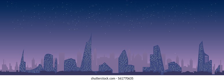 Starry night sky over modern city silhouette, vector cityscape illustration