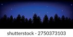 Starry night sky over pine forest silhouette blue gradient illustration