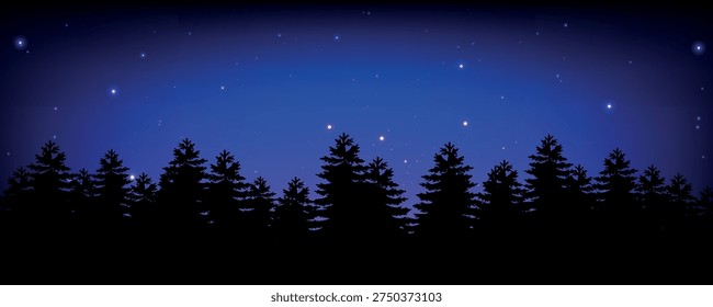 Starry night sky over pine forest silhouette blue gradient illustration