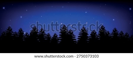 Starry night sky over pine forest silhouette blue gradient illustration