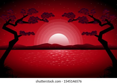  starry night sky with river landscape in Japanese style