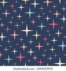 Starry night sky seamless pattern with simple Y2K shapes. Colorful stars on navy blue background. Vector Illustration in flat style
