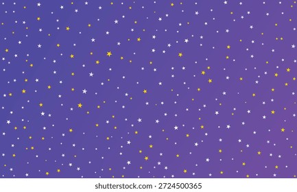 Starry night sky seamless pattern vector background. Cute purple cosmos texture with scattered white and yellow stars. Magic space wallpaper design for kids or wrapping paper.