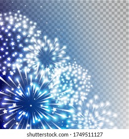Starry night sky with shiny fireworks on transparent background - vector element for holiday design