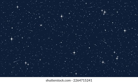 Starry night sky space seamless pattern. Galaxy shiny stars background, fabric seamless print or textile vector background. Wrapping paper space pattern or wallpaper with comet, glowing constellations