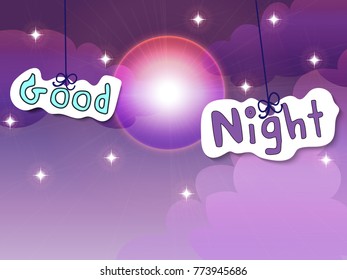 Starry night sky and sparkling and glitter stars in blue and purple shade with moon light flare and Good Night sticker style word hanging, for Good night or bed time background vector and illustration