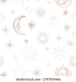 Starry Night Sky Trendy Seamless Pattern, Vintage Celestial Hand drawn Background Template of Galaxy, Space, Moon, Sun, Stars for Design, Texture, Textile, Decoration. Illustration in vector