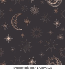 Starry Night Sky Trendy Seamless Pattern, Vintage Celestial Hand drawn Background Template of Galaxy, Space, Moon, Sun, Stars for Design, Texture, Textile, Decoration. Illustration in vector