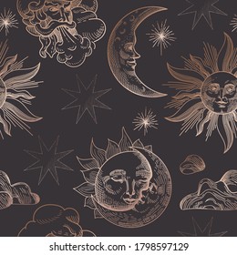 Starry Night Sky Trendy Seamless Pattern, Vintage Celestial Hand drawn Background Template of Galaxy, Space, Stars for Design, Texture, Textile, Decoration. Illustration in vector