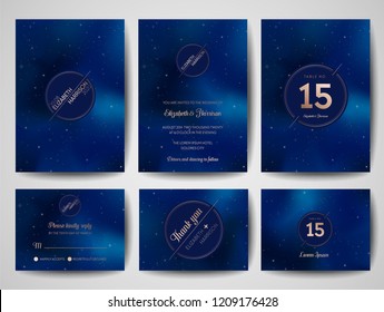 Starry Night Sky Trendy Wedding Invitation Card, Save the Date Monogram Celestial Template of Galaxy, Space, Stars Illustration in vector