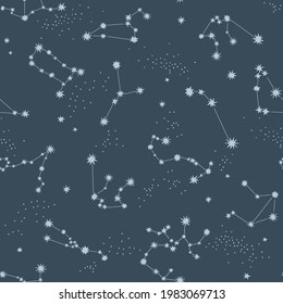 Starry night sky vector seamless pattern. Astrological consternation background. Zodiac star sign Milky Way space print design.