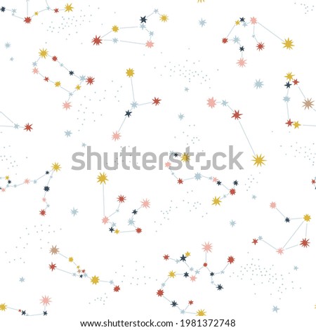 Starry night sky vector seamless pattern. Astrological consternation background. Zodiac star sign Milky Way space print design.