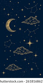 Starry night sky vertical background. Bright golden moon, stars, clouds and constellations wallpaper. Vertical Space backdrop. Dark Sky with shiny stars. Vector Illustration.