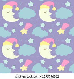 Starry night with sleepy moons. Cute children cartoon seamless pattern.