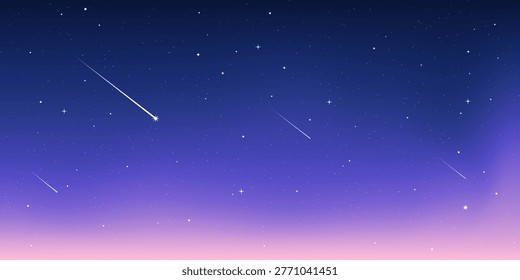 Starry night sparkle sky space background vector illustration. Dark universe astronomic night sky with stars and comets in outer space, Milky Way magic starlight bright wallpaper.