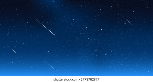 Starry night sparkle sky space background vector illustration. Dark universe astronomic night sky with stars and comets in outer space, Milky Way magic starlight bright wallpaper.